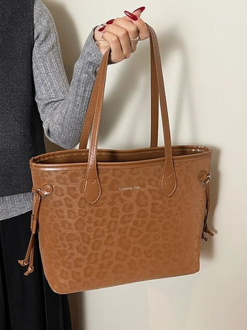 Women Large Capacity Leopard Print Tote Bag PU Leather Urban Simple Shoulder Bag Creative Cat Print Fashion Commuter Shopper Bag