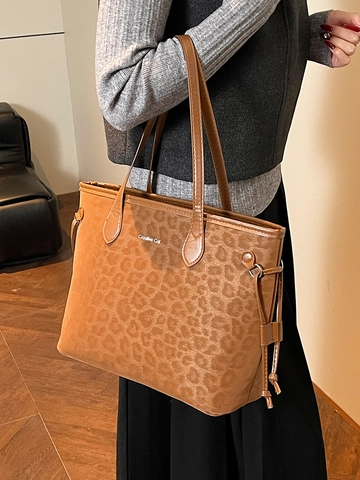 Women Large Capacity Leopard Print Tote Bag PU Leather Urban Simple Shoulder Bag Creative Cat Print Fashion Commuter Shopper Bag