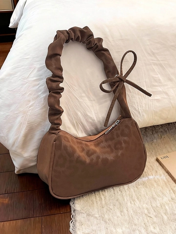 Borsa a Tracolla Fashion Leopardata in Pelle PU per Donna Manico Arricciato Fiocco Retro Quadrata Borsa Sottobraccio Casual