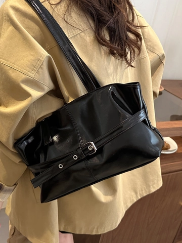 Borsa a Spalla in Pelle PU Lucida Vintage per Donna Tote a Grande Capacità Borsa da Sottobraccio con Fibbia Borsa Moda Pendolare