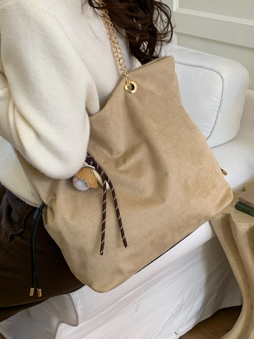 Women PU Faux Suede Tote Bag Large Capacity Minimalist Drawstring Shoulder Bag With Baseball Pendant Retro Chain Bag