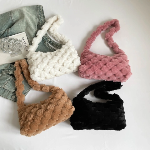 Bolso de Hombro de Peluche para Mujer Bolso Tote de Piel Sintética con Textura Ondulada Bolso de Mano Suave Cálido de Invierno Minimalista