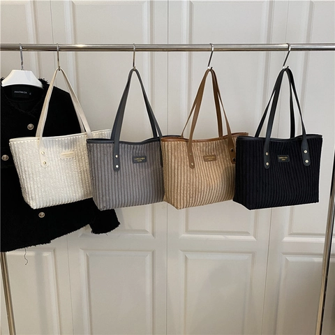 Bolso Tote de Pana Retro para Mujer Gran Capacidad Bolso de Hombro Simple Rayado Bolso de Mano Asas de Cuero Artificial