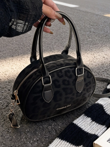 Retro Leopard Print PU Leather Boston Shoulder Bag Small Round Cylinder Handbag Crossbody Bowling Bag For Women Fashion Daily Matching