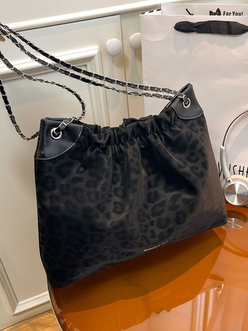 Borsa Tote Grande da Donna Vintage con Stampa Leopardata Borsa a Spalla Pieghettata Con Tracolla a Catena Moda Retro Casual