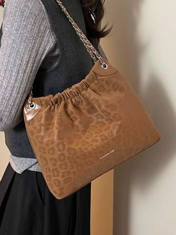 Borsa Tote Grande da Donna Vintage con Stampa Leopardata Borsa a Spalla Pieghettata Con Tracolla a Catena Moda Retro Casual