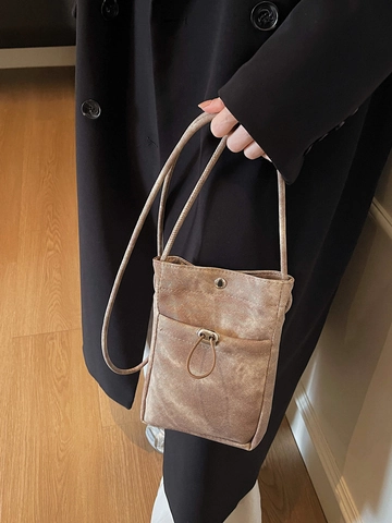 Minimalistische Damen Handytasche PU Leder Umhängetasche Kleine Quadratische Tasche Mit Steppnaht Kordelzug Mini Schultertasche