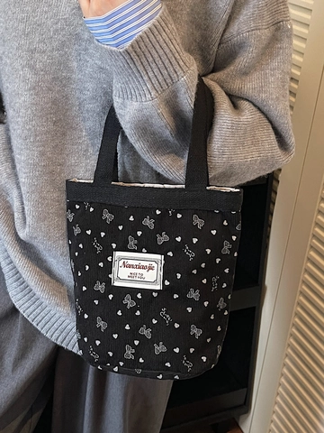 Cute Corduroy Tote Bag For Women Japanese Style Bow Heart Printed Handbag Small Casual Commuter Lunch Box Storage Bag
