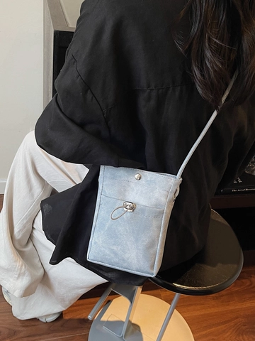 Minimalistische Damen Handytasche PU Leder Umhängetasche Kleine Quadratische Tasche Mit Steppnaht Kordelzug Mini Schultertasche