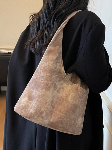 Large Capacity PU Leather Shoulder Bag For Women Vintage Washed Texture Hobo Bag Commuting Tote Handbag Minimalist Style
