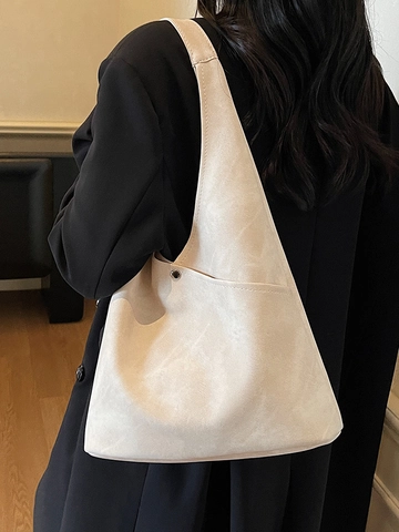 Large Capacity PU Leather Shoulder Bag For Women Vintage Washed Texture Hobo Bag Commuting Tote Handbag Minimalist Style