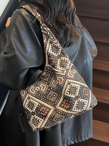 Ethnische Geometrische Muster Einkaufstasche Große Kapazität Jacquard Stoff Schultertasche Vintage Bohemian Stil Pendeln Handtasche Damen
