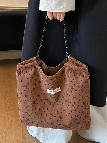 Dames Casual Corduroy Draagtas Hart Strik Patroon Grote Capaciteit Schoudertas Koreaanse Stijl Dagelijkse Handtas