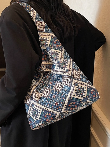 Ethnische Geometrische Muster Einkaufstasche Große Kapazität Jacquard Stoff Schultertasche Vintage Bohemian Stil Pendeln Handtasche Damen