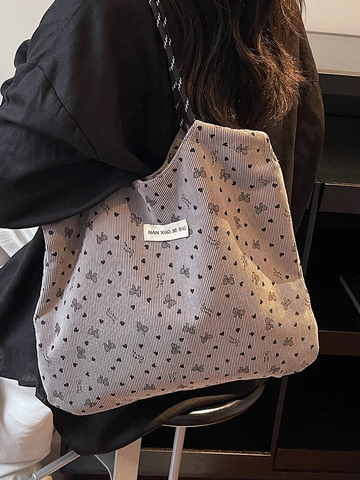 Damen Große Kapazität Cord Tote Bag Herz Schleife Bedruckt Umhängetasche Mit Geflochtenem Griff Lässige Pendler Handtasche
