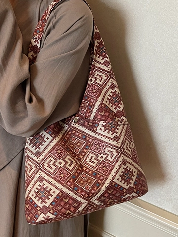 Women Ethnic Geometric Tote Bag PU Leather Bohemian Woven Pattern Large Capacity Shoulder Bag Retro Fashion Handbag Daily Tote