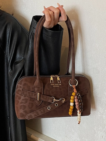 Moda Retro Borsa Sottoascellare Donna Pelle PU Stampa Leopardata Borsa a Spalla Con Ciondolo di Perline Classica Versatile Borsa a Mano Quadrata