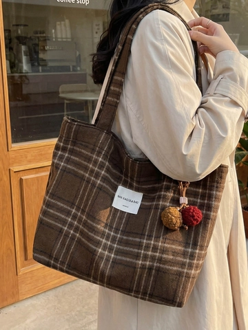 Borsa Tote in Lana a Quadri Vintage Per Donna Grande Capacità Borsa a Tracolla Con Pompon Invernale Borsa a Mano Lavoro