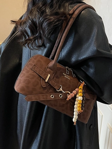 Moda Retro Borsa Sottoascellare Donna Pelle PU Stampa Leopardata Borsa a Spalla Con Ciondolo di Perline Classica Versatile Borsa a Mano Quadrata