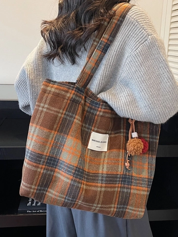 Borsa Tote in Lana a Quadri Vintage Per Donna Grande Capacità Borsa a Tracolla Con Pompon Invernale Borsa a Mano Lavoro