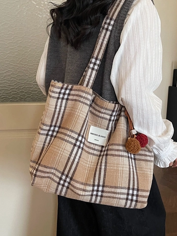 Große Kapazität Karomuster Draagtas Damen Vintage Wollstoff Schoudertas Koreanischer Stil Handtasche Mit Pompon-Anhänger Schultasche