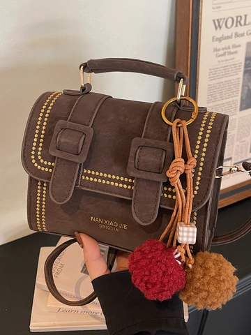 Women Vintage PU Leather Crossbody Bag Retro Rivet Small Square Satchel Bag Double Buckle Design With Adjustable Strap Handbag