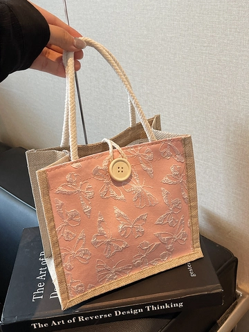 Borsa a Mano Donna Moda Ricamo Farfalla 3D Piccola Borsa Tote in Cotone e Lino Con Manico in Corda Intrecciata e Chiusura a Bottone
