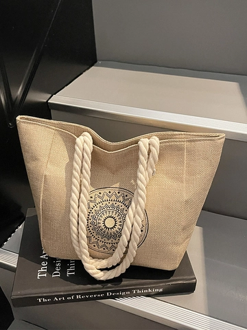Bolso Tote de Lino Minimalista para Mujer Bolso de Hombro con Estampado de Mandala Bohemio Gran Capacidad Beige Natural Asa de Cuerda