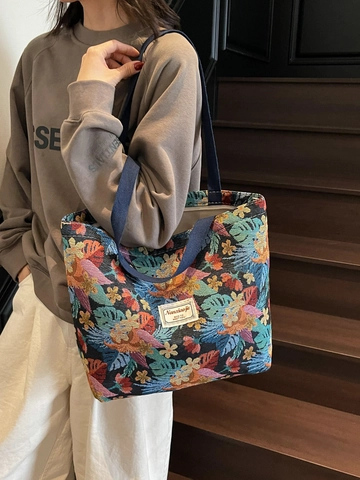 Etnische Canvas Jacquard Tote Bag Voor Vrouwen Grote Capaciteit Tropisch Bladpatroon Schoudertas Vintage Bloemen Handtas