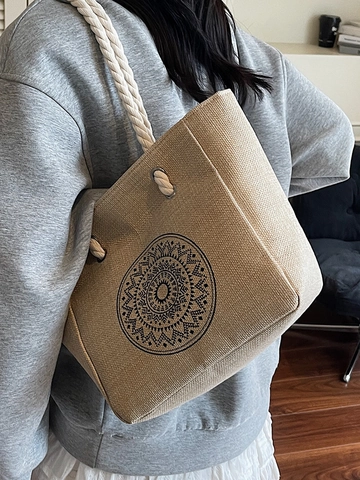 Bolso Tote de Lino Minimalista para Mujer Bolso de Hombro con Estampado de Mandala Bohemio Gran Capacidad Beige Natural Asa de Cuerda