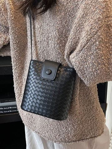 Bolso Bombonera de Cuero PU Tejido para Mujer Bolso de Hombro Cruzado Minimalista Color Sólido Bolso de Mano de Moda Versátil Diario