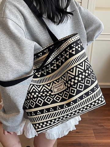 Borsa Tote in Tela Grande Capacità da Donna Stampa Etnica Geometrica Borsa a Tracolla Casual Versatile per Pendolarismo Quotidiano