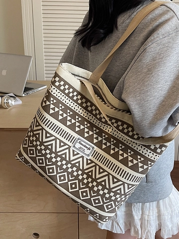 Borsa Tote in Tela Grande Capacità da Donna Stampa Etnica Geometrica Borsa a Tracolla Casual Versatile per Pendolarismo Quotidiano