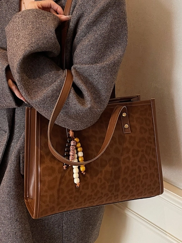 Damen Große Kapazität Leopardenmuster Tragetasche PU Leder Umhängetasche Urbaner Minimalismus Handtasche Mit Perlenanhänger