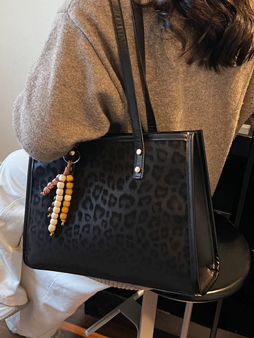 Damen Große Kapazität Leopardenmuster Tragetasche PU Leder Umhängetasche Urbaner Minimalismus Handtasche Mit Perlenanhänger