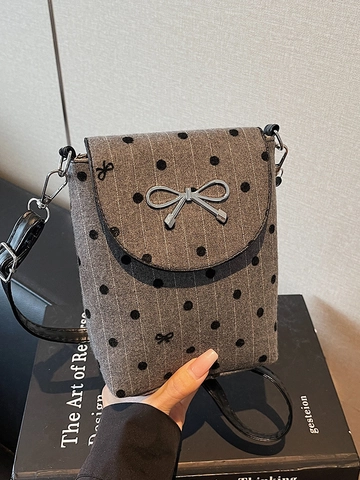 Damen Canvas Kleine Umhängetasche Herz Punktmuster Bedruckte Handytasche Mit Silberner Schleife Verstellbarer Riemen Grau