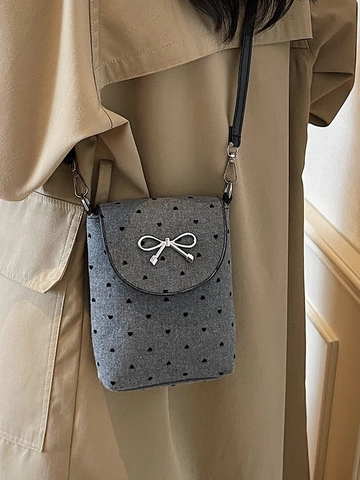 Damen Canvas Kleine Umhängetasche Herz Punktmuster Bedruckte Handytasche Mit Silberner Schleife Verstellbarer Riemen Grau