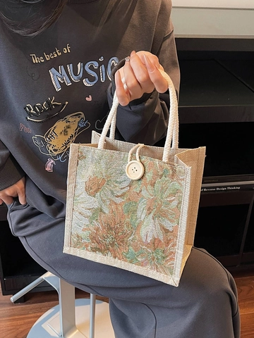 Borsa a Mano da Donna in Cotone e Lino in Stile Giapponese Borsa Tote Jacquard Vintage Con Manico in Corda Intrecciata E Bottone Decorativo