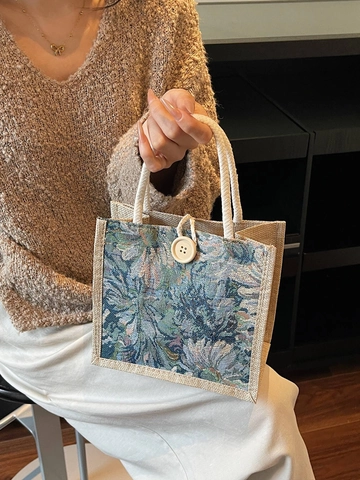 Borsa a Mano da Donna in Cotone e Lino in Stile Giapponese Borsa Tote Jacquard Vintage Con Manico in Corda Intrecciata E Bottone Decorativo