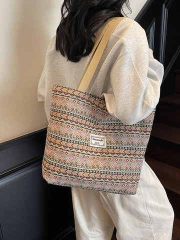Ethno Tote Bag Gewebte Leinwand Große Kapazität Schultertasche Für Damen Boho Vintage Geometrische Muster Pendeln Reise Handtasche