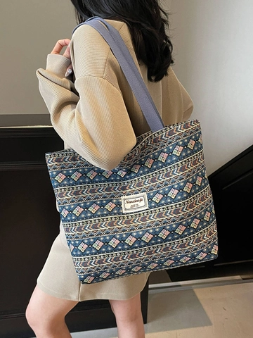 Ethno Tote Bag Gewebte Leinwand Große Kapazität Schultertasche Für Damen Boho Vintage Geometrische Muster Pendeln Reise Handtasche