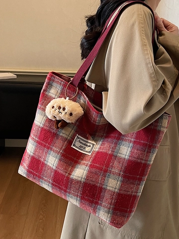 Dames Retro Geruit Wollen Stof Draagzak Grote Capaciteit Plaid Schoudertas Met Pluche Bedeltje Herfst Winter Handtas
