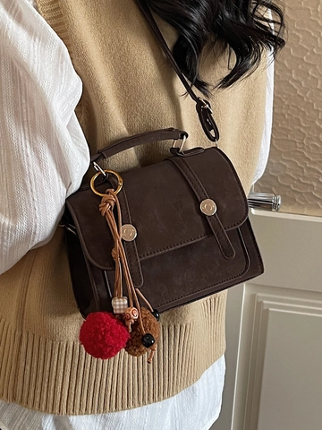Bolso de Bandolera Pequeño Cuadrado de Cuero PU para Mujer Retro Bolso de Mano Minimalista Urbano Con Colgante Pom Pom