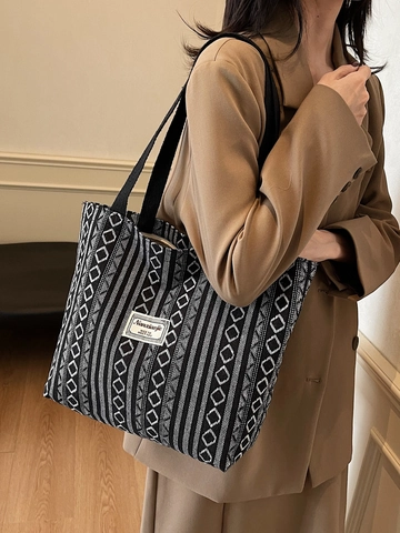 Women Ethnic Woven Tote Bag Large Capacity Canvas Shoulder Bag Vintage Geometric Pattern Commuter Handbag Bohemian Style Shopping Bag