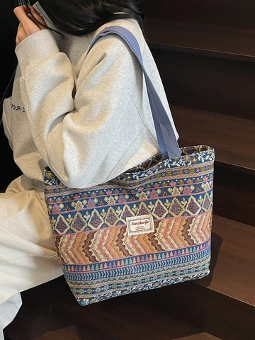 Borsa Tote in Tela Jacquard Etnica Bohemian per Donna Grande Capacità Vintage Intrecciata con Motivo Geometrico Borsa a Spalla