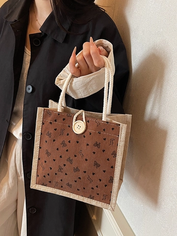 Women Vintage Cotton Linen Tote Bag Heart Bowknot Print Small Handbag Button Closure Rope Handle Lunch Box Bag Fashion Purse