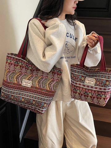 Borsa Tote in Tela Jacquard Etnica Bohemian per Donna Grande Capacità Vintage Intrecciata con Motivo Geometrico Borsa a Spalla