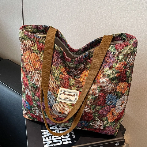 Borsa Tote in Tela Jacquard a Fiori Vintage per Donna Grande Capacità Borsa a Tracolla Etnica Casual Borsa per Pendolari per la Scuola