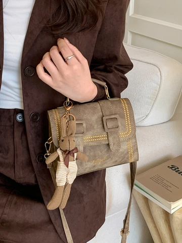 Vintage PU Leather Crossbody Bag For Women Retro Square Shoulder Bag With Detachable Bunny Charm Niche Versatile Messenger Bag