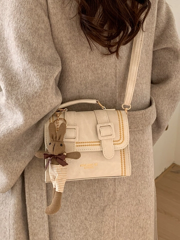 Vintage PU Leather Crossbody Bag For Women Retro Square Shoulder Bag With Detachable Bunny Charm Niche Versatile Messenger Bag
